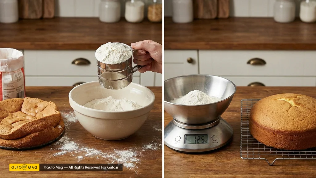 مقایسه کیک خراب شده با پیمانه و کیک پف‌کرده با ترازوی دیجیتال