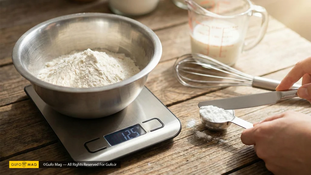 تکنیک صحیح صاف کردن سطح پیمانه آرد با پشت چاقو
