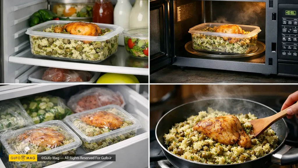 مراحل گرم کردن باقالی پلو با مرغ