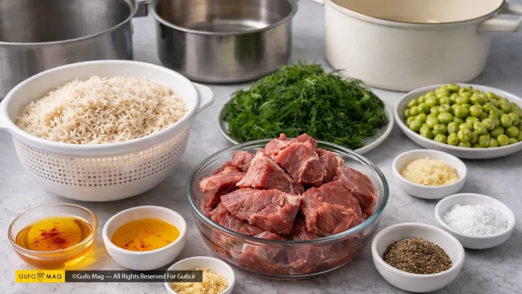 مواد لازم برای تهیه باقالی پلو با گوشت