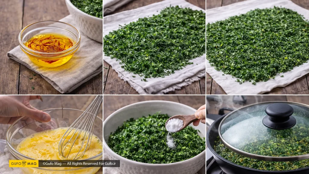 مراحل تهیه کوکو سبزی