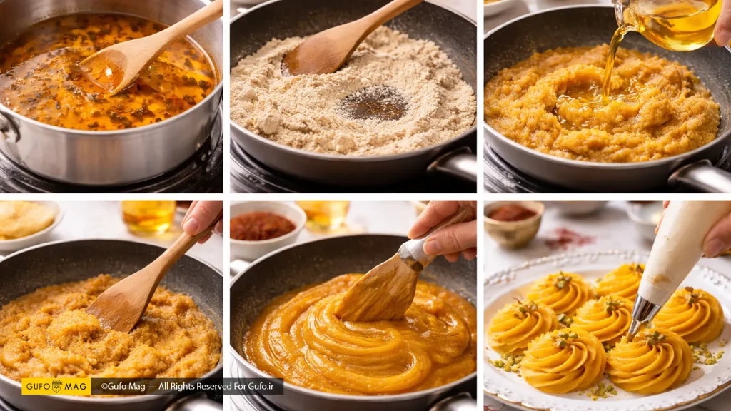 طرز تهیه گام به گام حلوا زعفرانی 