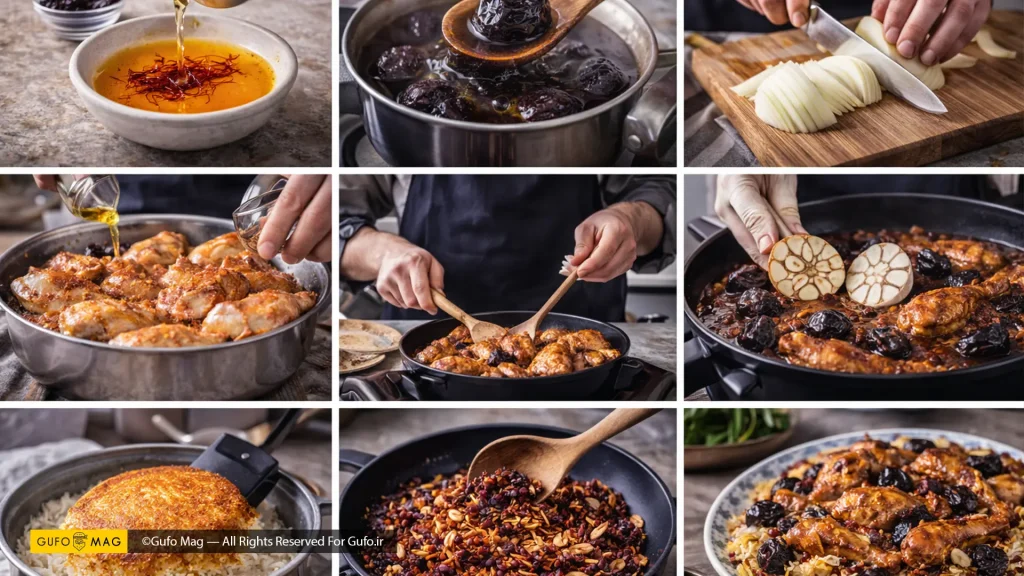 طرز تهیه پلو مرغ و آلو مرحله به مرحله 